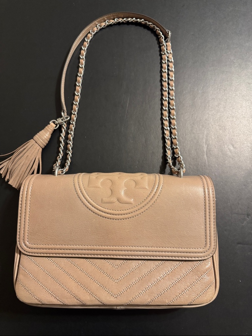 Tory Burch Neutral Blush Quilted Leather Shoulder Bag with Tassel